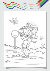 A Farm Girl coloring line art illustration