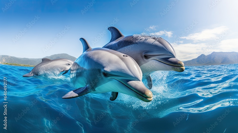 Wall mural Portrait dolphin appearing in the sea with light exposure