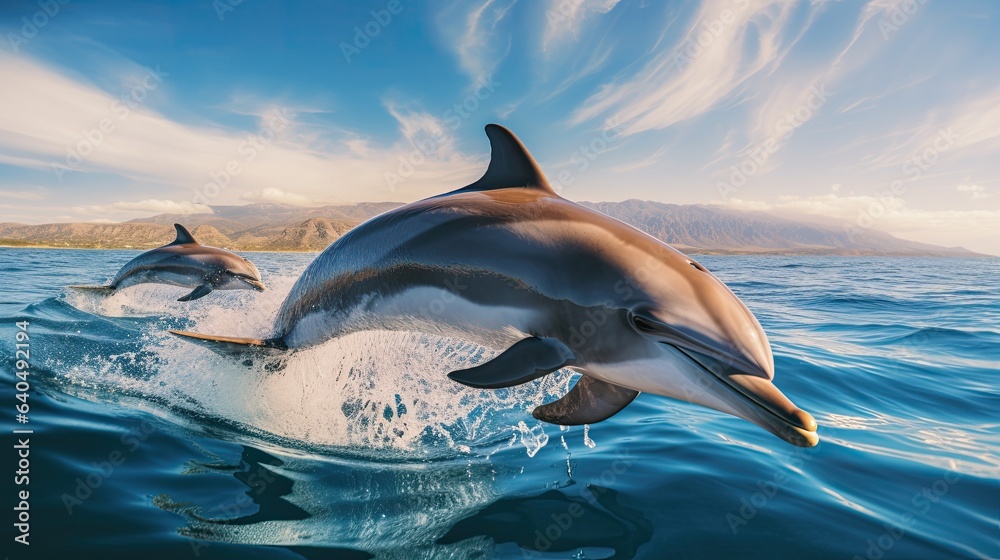 Wall mural Portrait dolphin appearing in the sea with light exposure - Wall murals