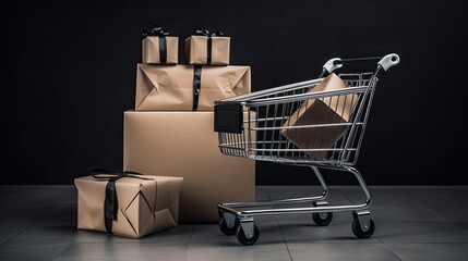 Portrait shopping cart with boxes AI Generative