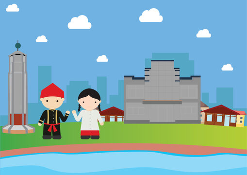 Illustration of Tondano Lake and Kasih Kanonang Hill in Minahasa Regency. Tourist attractions that must be visited because of its beauty. Greeted by friendly Minahasa residents.
