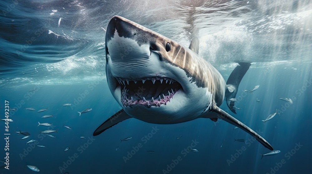 Wall mural Portrait scary white shark appearing in the sea AI Generative - Wall murals