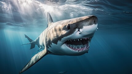 Fototapeta premium Portrait scary white shark appearing in the sea AI Generative