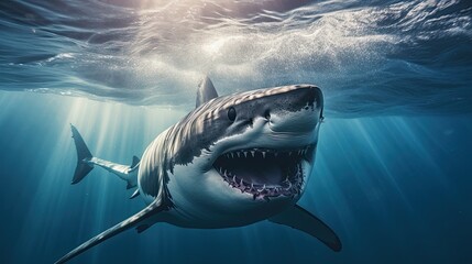Fototapeta premium Portrait scary white shark appearing in the sea AI Generative