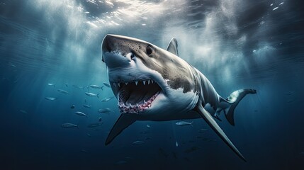 Fototapeta premium Portrait scary white shark appearing in the sea AI Generative