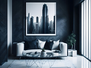 modern living room, Modern minimal interior design of living room and concrete wall texture background, Urban Elegance with Skyscrapers and Energy