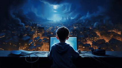 A boy operates a laptop with his back to the camera at night, thousands of colorful glowing letters and symbols come out from his laptop and flying around him, futuristic light, hyper realistic. - obrazy, fototapety, plakaty