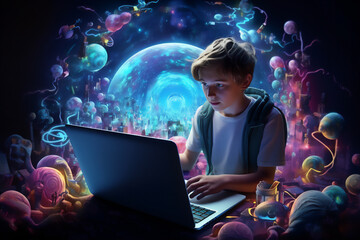 A boy operates a laptop with his back to the camera at night, thousands of colorful glowing letters and symbols come out from his laptop and flying around him, futuristic light, hyper realistic.