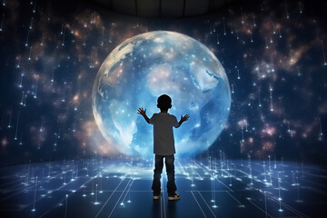 Fototapeta na wymiar a child standing in front vertical glowing world map hologram and touch it with finger, full body boy, super wide lens, futuristic light, hyper realistic, beautiful dreammy light, beautiful curve