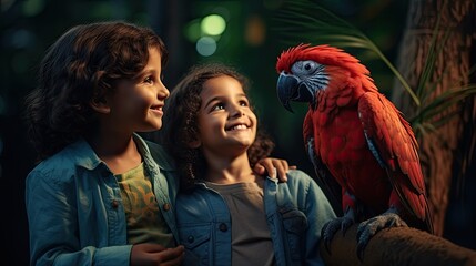 Portrait kids with Parrot in the zoo AI Generative 