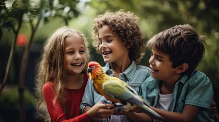 Crédence de cuisine en verre imprimé Chambre denfants Portrait kids with Parrot in the zoo AI Generative 