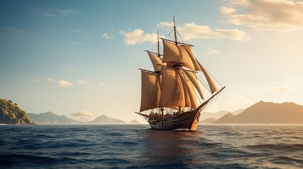 Fototapeta premium Portrait Phinisi ship sailing on the sea AI Generative