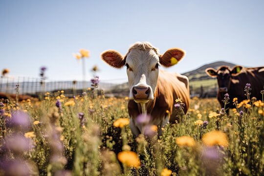 Portrait cow in the farm with light exposure AI Generative