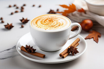 Autumnal Delight, A Warm Coffee Latte with Spices and Pumpkins in a White Glass Cup