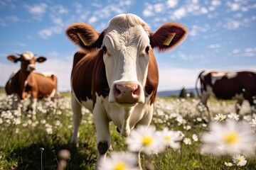 Portrait cow in the meadow with flower AI Generative