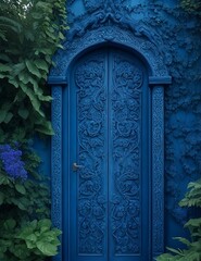A majestic blue door, intricately carved with a swirling floral patterns