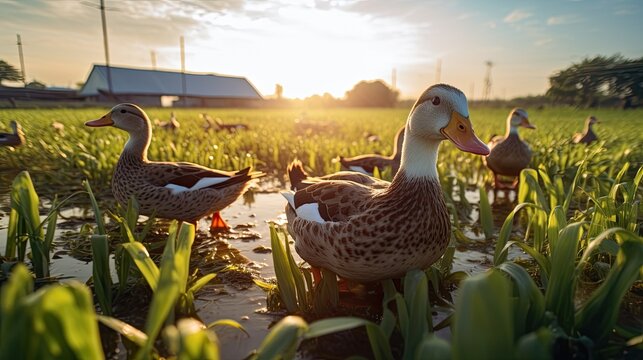 Portrait ducks in the farm with light exposure AI Generative