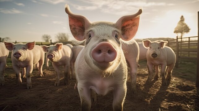 portrait pigs on the farm with light exposure AI Generative