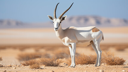 A white oryx with big horns in a desert. - obrazy, fototapety, plakaty