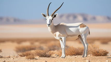 Foto auf Acrylglas Antilope A white oryx with big horns in a desert.