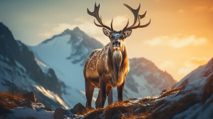 creative illustration of a reindeer with mountains in the background. © jr-art