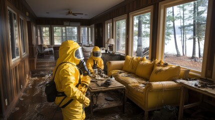 a specialist in a protective suit from a cleaning company cleans a destroyed housing after natural disaster  - obrazy, fototapety, plakaty