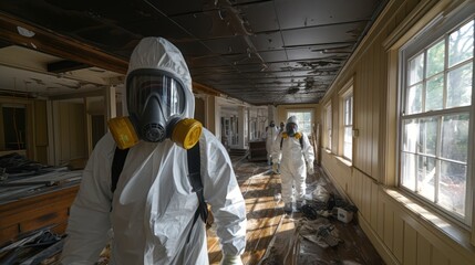 a specialist in a protective suit from a cleaning company cleans a destroyed housing after natural disaster  - obrazy, fototapety, plakaty