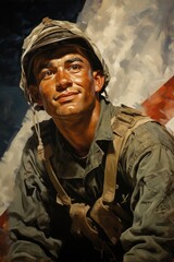 Fototapeta premium illustration of a military smiling face, american flag behind in the american classic style
