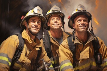 Fototapeta premium illustration of a firefighters, american flag behind in the american classic style