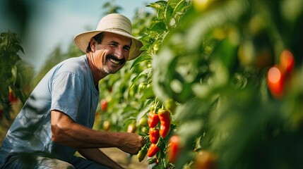Portrait farmer picking chili AI Generative - obrazy, fototapety, plakaty