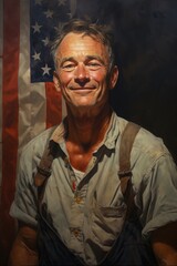 Obraz premium illustration of a man worker, american flag behind in the american classic style