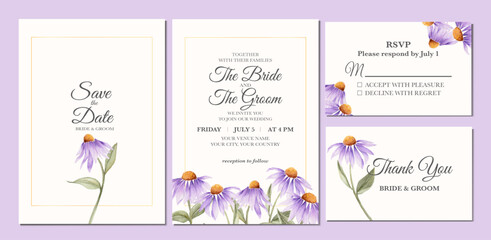 Manual painted of purple coneflower watercolor as wedding invitation 
