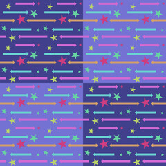 In this seamless pattern, colorful arrows laid out across the background are pale blue and dark tones alternating in a checkerboard pattern. Decorated with large and small multicolored stars.