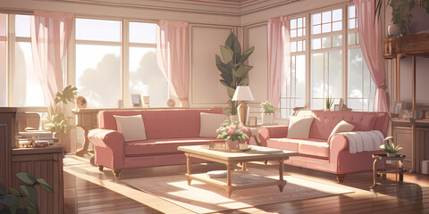 TRPGやゲームの背景として使えるピンクの可愛らしい部屋 - obrazy, fototapety, plakaty