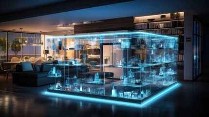 modern building with blue light hologram 