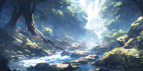TRPGやゲームの背景として使える川が流れる森の中 - obrazy, fototapety, plakaty