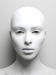 An artistic portrayal of a face entirely covered in a pure white color, devoid of hair, in a...