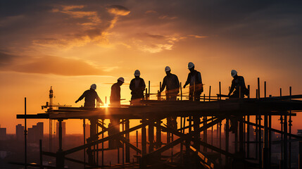 silhouette of construction workers building at sunset