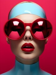 A stylish woman sporting oversized red glasses and a swimming cap in a playful and eccentric pop art-inspired fashion statement.
