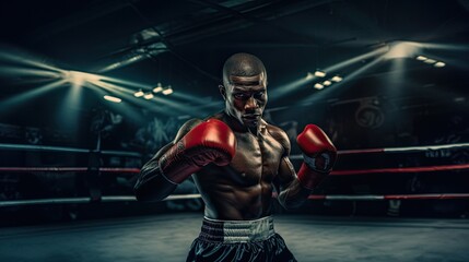 Fototapeta na wymiar Portrait of professional boxer in fighting pose AI Generative