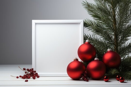 A blank white mockup frame adorned with festive Christmas decorations, including baubles and fragrant fir branches. Photorealistic illustration, Generative AI