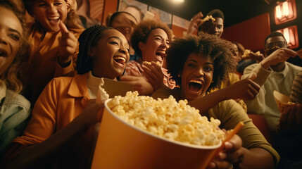 Eating popcorn with friends - obrazy, fototapety, plakaty