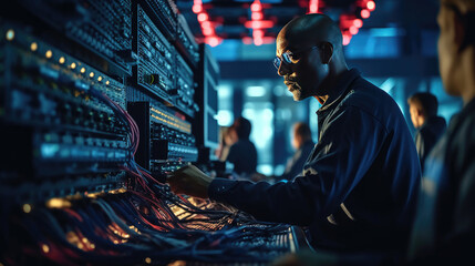 A technician is maintaining a complex network of servers in a busy data center - obrazy, fototapety, plakaty