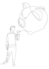 One continuous line of Man pointing with finger at Piggy Bank. Thin Line Illustration vector concept. Contour Drawing Creative ideas.