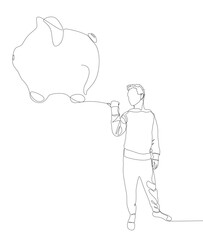 One continuous line of Man pointing with finger at Piggy Bank. Thin Line Illustration vector concept. Contour Drawing Creative ideas.
