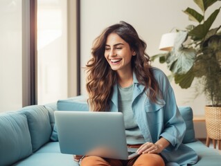  joyful relaxed smiling young woman using laptop