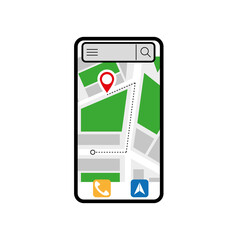 GPS navigation map, smartphone map application and red pinpoint on screen, app search map...
