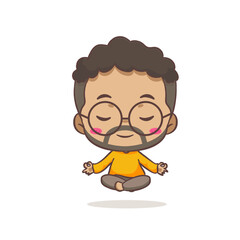 Cute father doing yoga cartoon character. African man wearing glasses concept design. Flat chibi cartoon style. Vector art illustration. Isolated white background