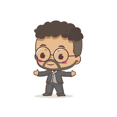 Cute father wearing formal clothes cartoon character. African man wearing glasses concept design. Flat chibi cartoon style. Vector art illustration. Isolated white background