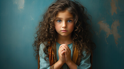 a pretty young girl in front of a dilapidated wall.